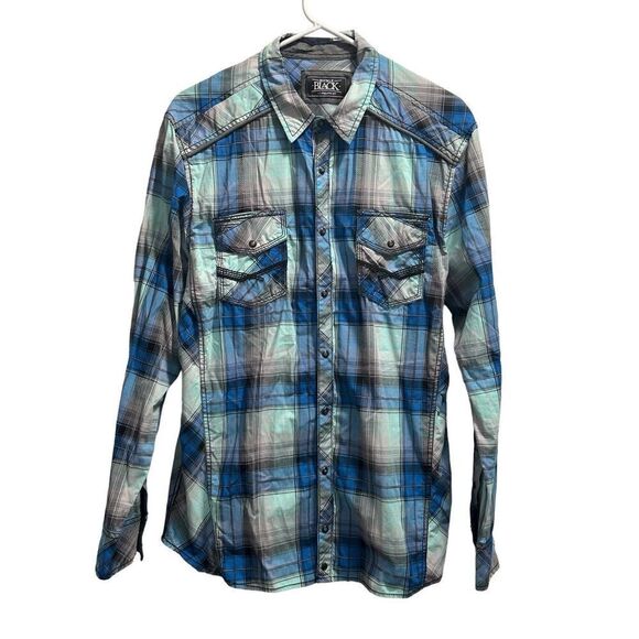 Men’s Buckle Black Athletic Fit Blue Plaid Button Down Shirt Sz.L - Picture 1 of 4